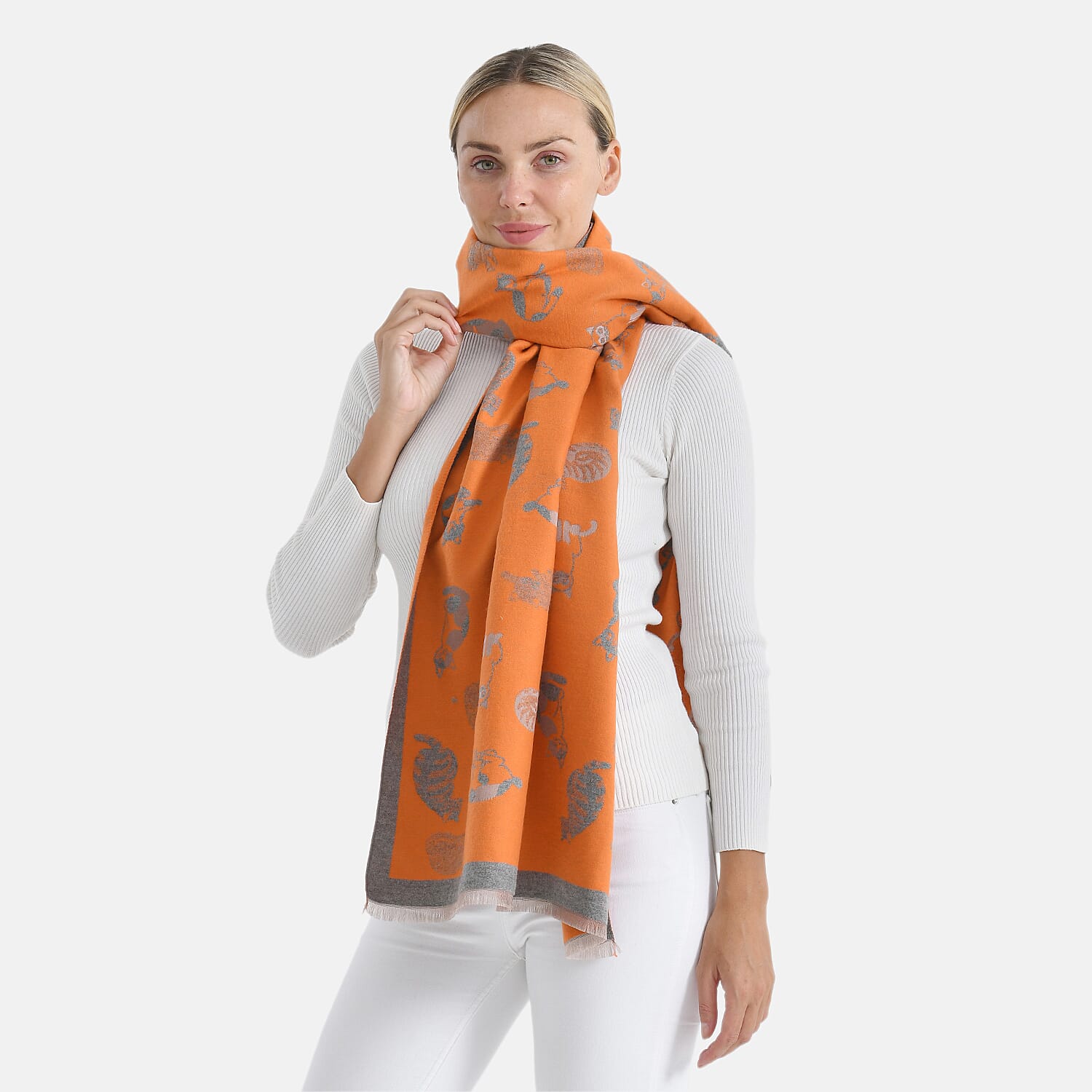 Closeout Deal- Cat Pattern Scarf (180 x 67 cm) - Orange & Grey
