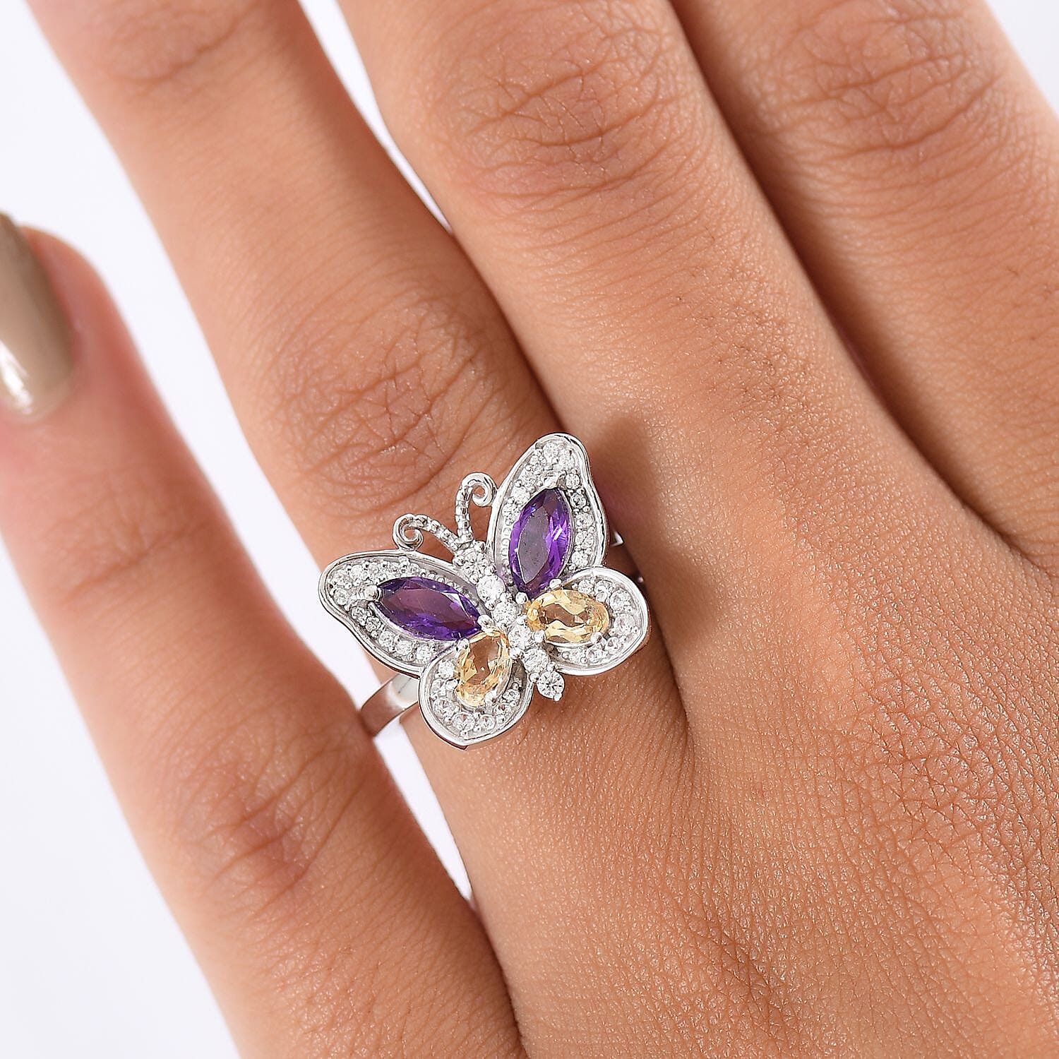 D'Joy African Amethyst, Citrine & White Zircon Cluster Butterfly Ring in Rhodium Overlay Sterling Silver 1.58 Ct.