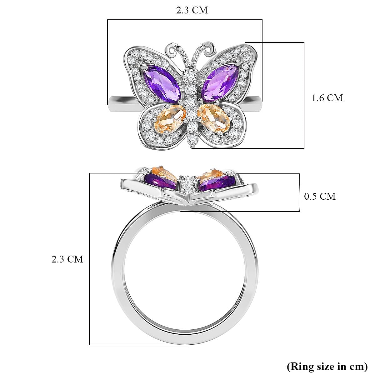 D'Joy African Amethyst, Citrine & White Zircon Cluster Butterfly Ring in Rhodium Overlay Sterling Silver 1.58 Ct.