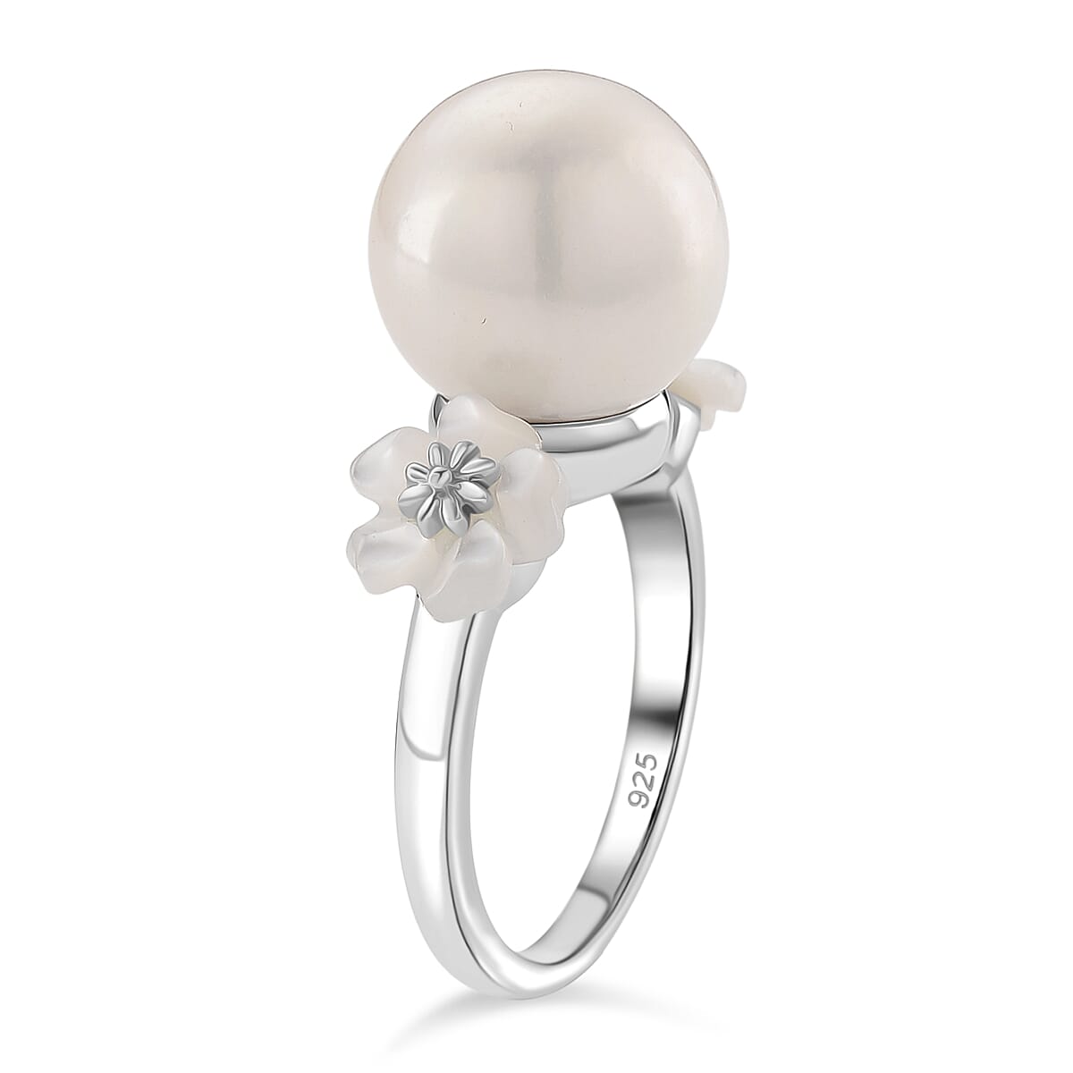 D'joy White Edison Pearl & White Mother Of Pearl Ring in Rhodium Overlay Sterling Silver 15.00 Ct.