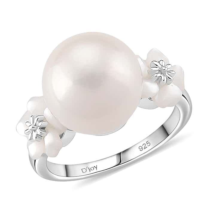 D'joy White Edison Pearl & White Mother Of Pearl Ring in Rhodium Overlay Sterling Silver 15.00 Ct.