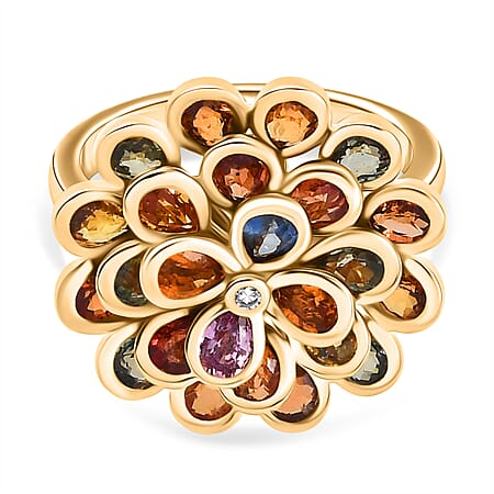 D'Joy Multi Sapphire, Blue Sapphire, Pink Sapphire, Lab Grown Diamond Floral Ring in 18K Vermeil Yellow Gold Over Sterling Silver 4.86 Ct.