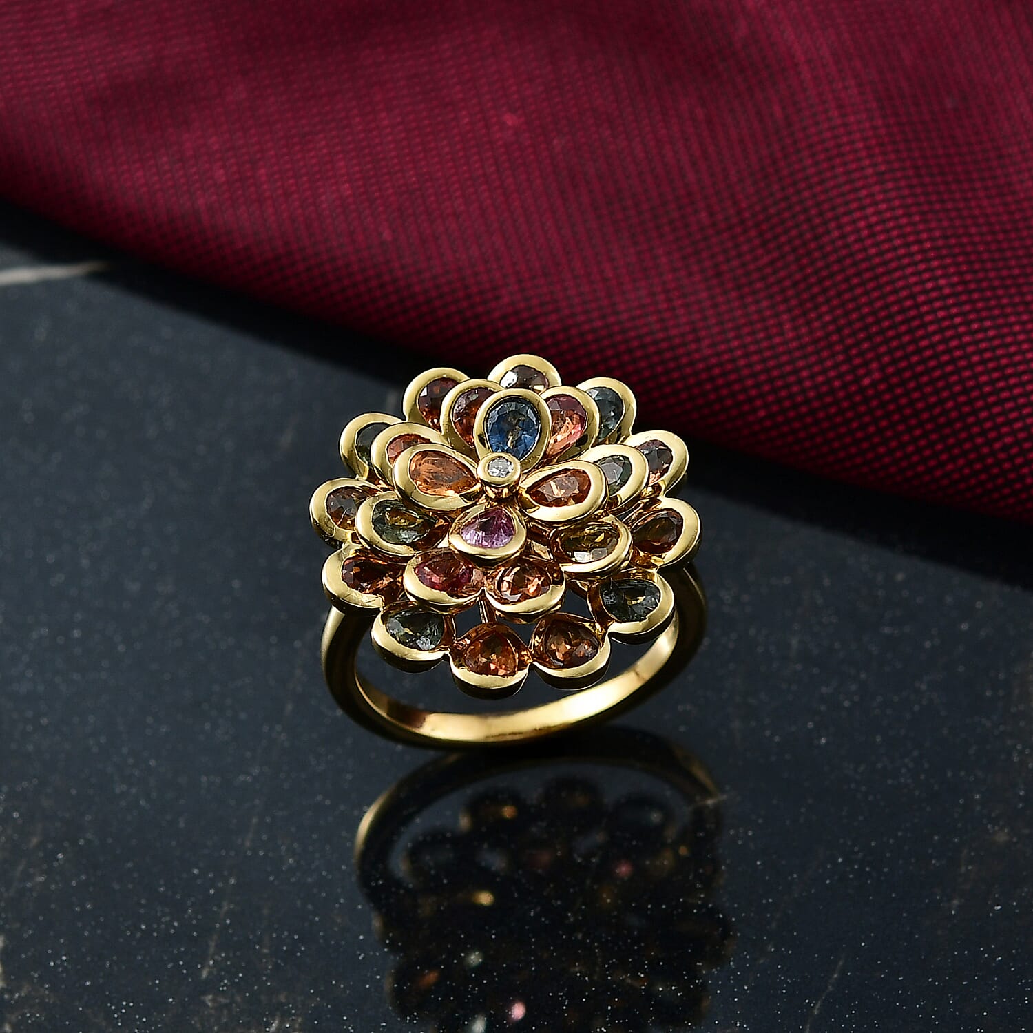 D'joy Rainbow Sapphire & Lab Grown Diamond (SI-GH) Cluster Ring in 18K Vermeil Yellow Gold Plated Sterling Silver 4.86 Ct, Silver Wt. 5.34 Gms.