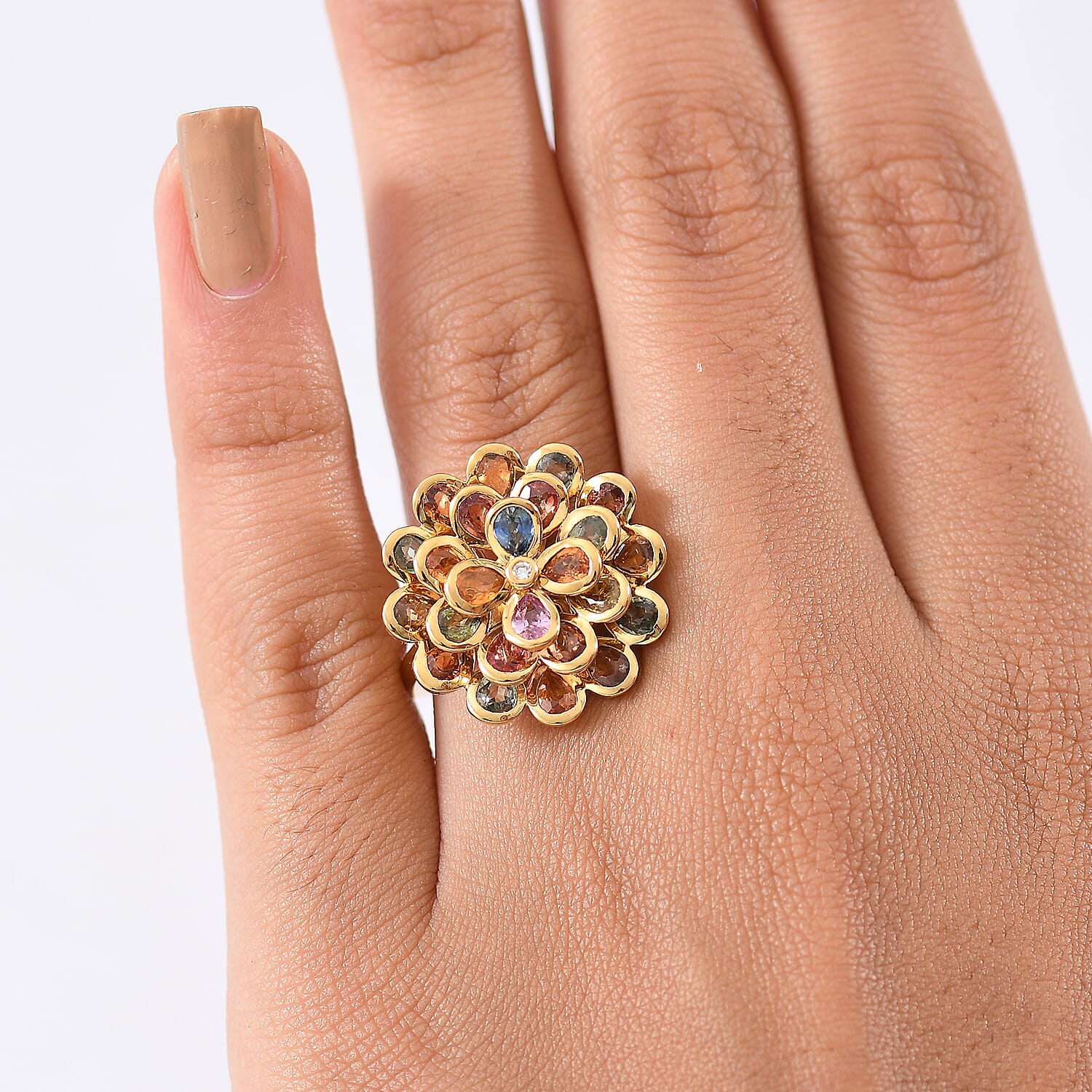 D'joy Rainbow Sapphire & Lab Grown Diamond (SI-GH) Cluster Ring in 18K Vermeil Yellow Gold Plated Sterling Silver 4.86 Ct, Silver Wt. 5.34 Gms.