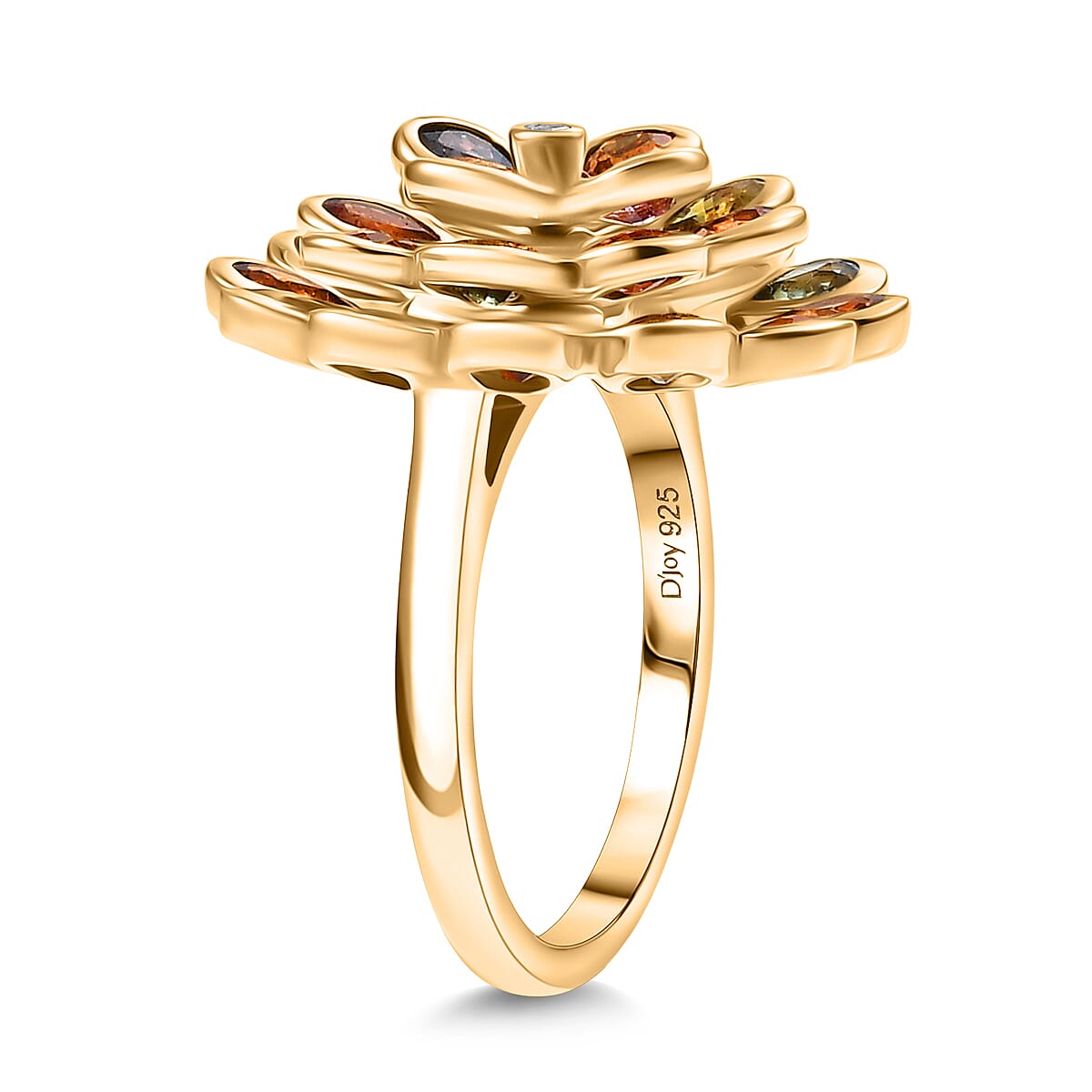 D'joy Rainbow Sapphire & Lab Grown Diamond (SI-GH) Cluster Ring in 18K Vermeil Yellow Gold Plated Sterling Silver 4.86 Ct, Silver Wt. 5.34 Gms.
