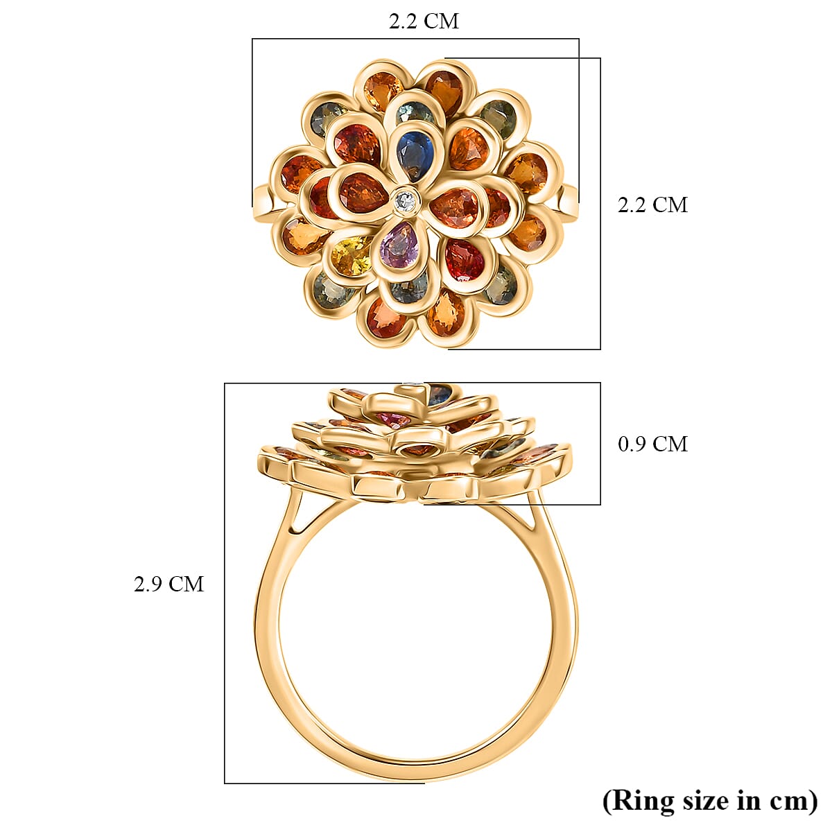 D'joy Rainbow Sapphire & Lab Grown Diamond (SI-GH) Cluster Ring in 18K Vermeil Yellow Gold Plated Sterling Silver 4.86 Ct, Silver Wt. 5.34 Gms.