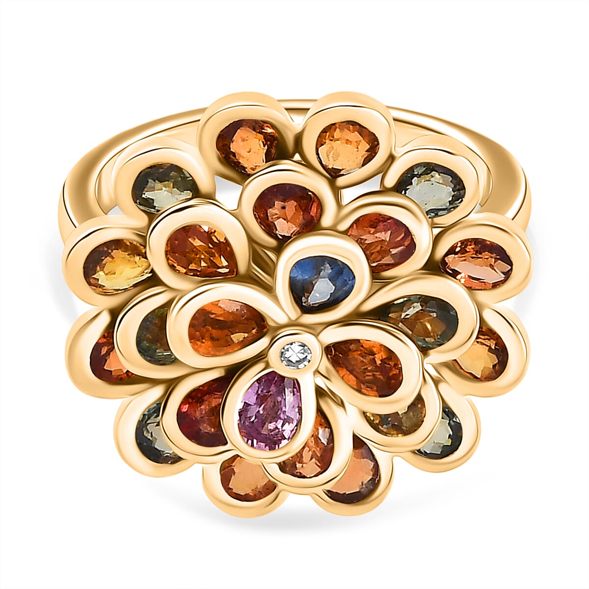 D'Joy Multi Sapphire, Blue Sapphire, Pink Sapphire, Lab Grown Diamond Floral Ring in 18K Vermeil Yellow Gold Over Sterling Silver 4.86 Ct.