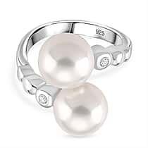 D'joy Edison Pearl & White Zircon Ring in Rhodium Overlay Sterling Silver 15.98 Ct.
