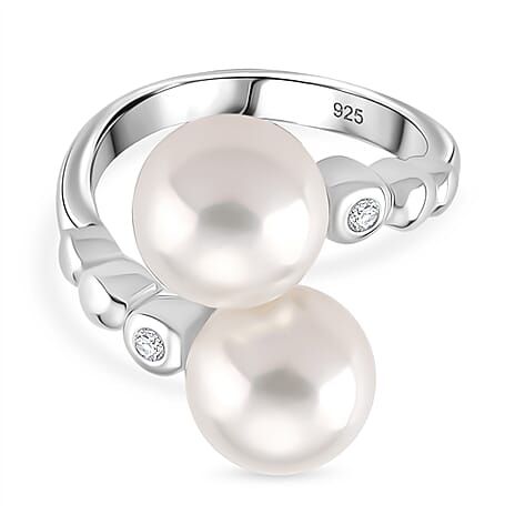 D'joy Edison Pearl & White Zircon Ring in Rhodium Overlay Sterling Silver 15.98 Ct.