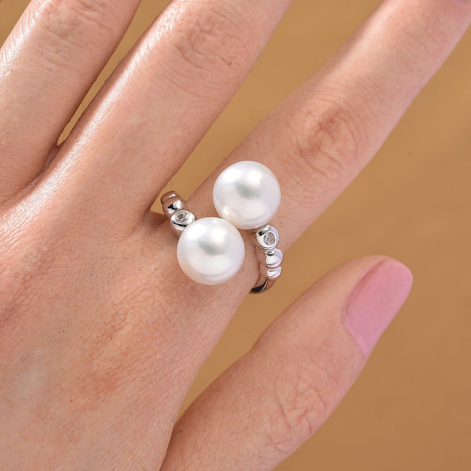 D'joy Edison Pearl & White Zircon Ring in Rhodium Overlay Sterling Silver 15.98 Ct.