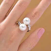 D'joy Edison Pearl & White Zircon Ring in Rhodium Overlay Sterling Silver 15.98 Ct.