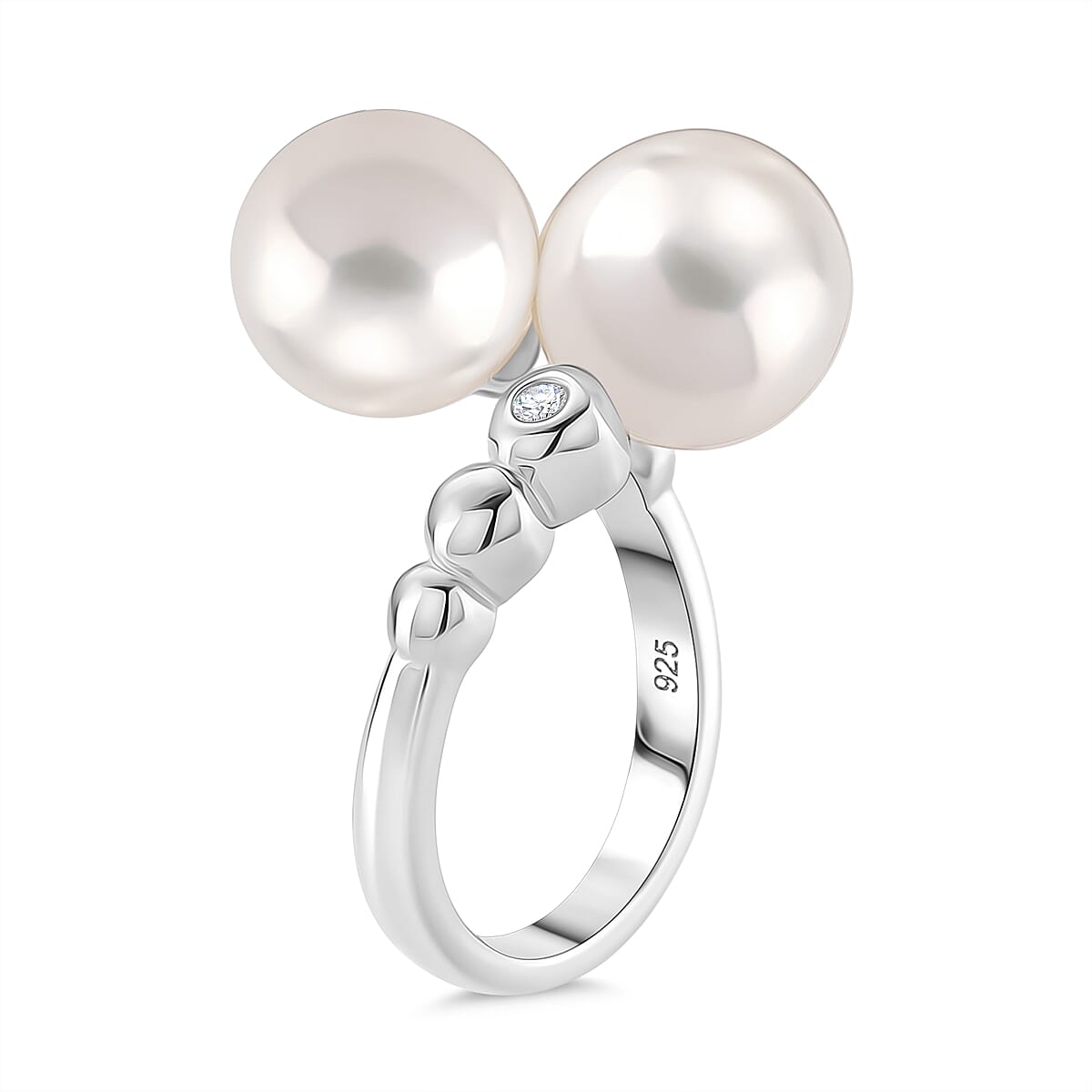 D'joy Edison Pearl & White Zircon Ring in Rhodium Overlay Sterling Silver 15.98 Ct.
