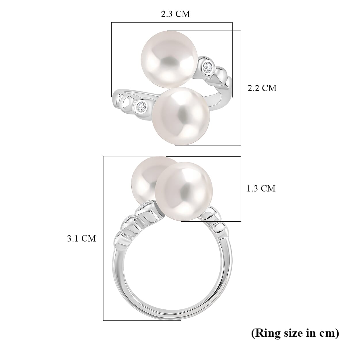 D'joy Edison Pearl & White Zircon Ring in Rhodium Overlay Sterling Silver 15.98 Ct.
