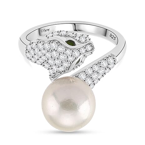 D'joy Edison Pearl, Natural Chrome Diopside & White Zircon Ring in Rhodium Overlay Sterling Silver 9.44 Ct.