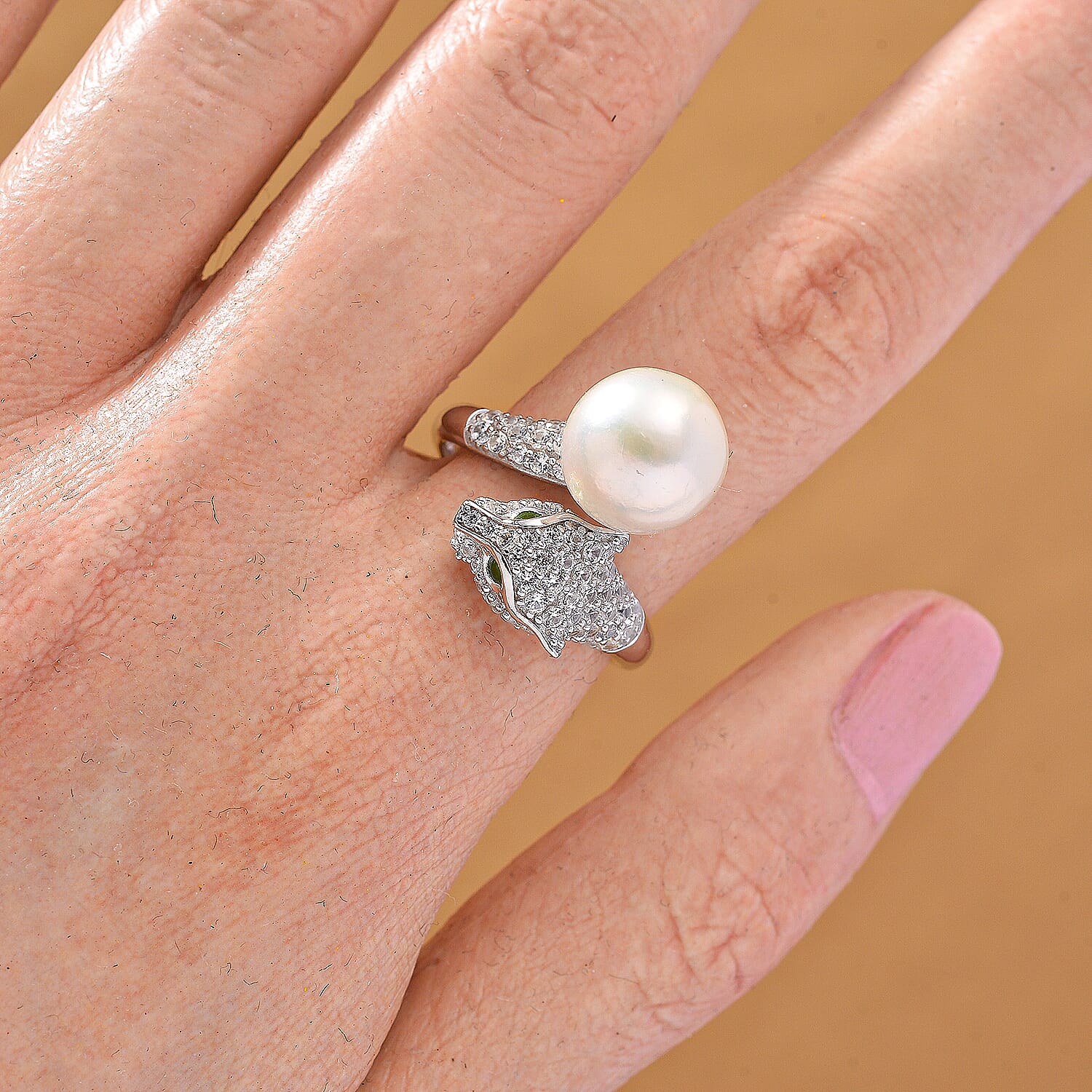 D'joy Edison Pearl, Natural Chrome Diopside & White Zircon Ring in Rhodium Overlay Sterling Silver 9.44 Ct.