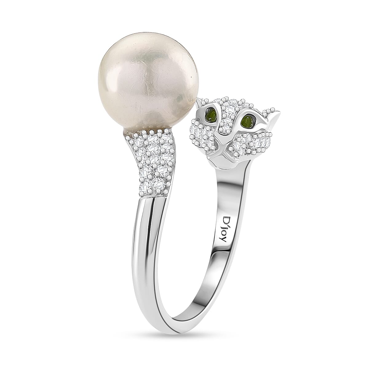 D'joy Edison Pearl, Natural Chrome Diopside & White Zircon Ring in Rhodium Overlay Sterling Silver 9.44 Ct.