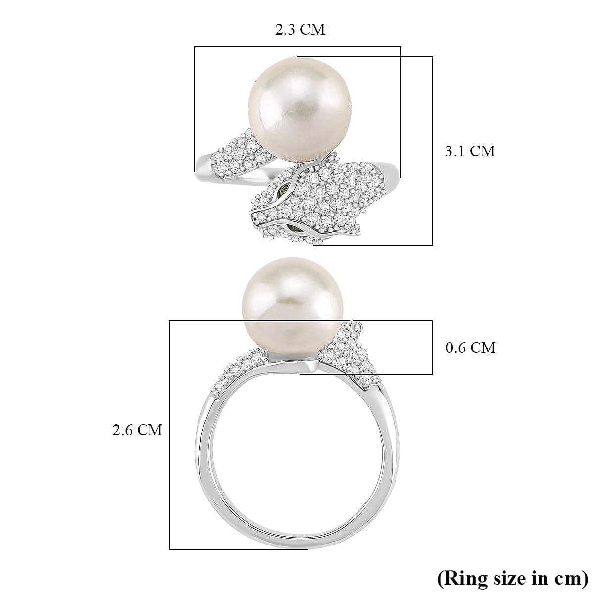 D'joy Edison Pearl, Natural Chrome Diopside & White Zircon Ring in Rhodium Overlay Sterling Silver 9.44 Ct.