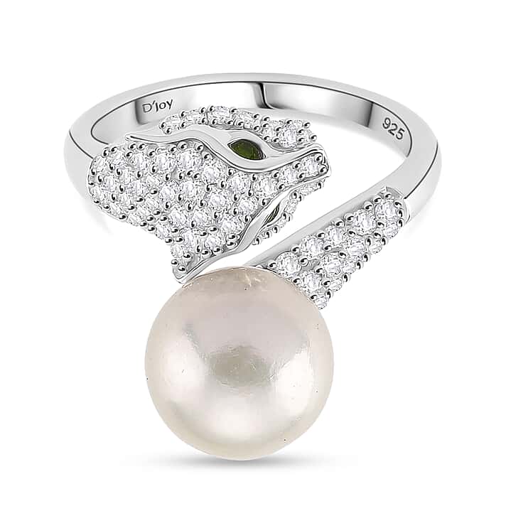D'joy Edison Pearl (10-11 MM), Natural Chrome Diopside & White Zircon Ring in Rhodium Overlay Sterling Silver