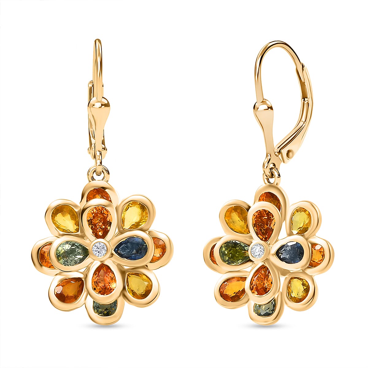 Luxuriant Rainbow Sapphire & Lab Grown Diamond (SI-GH) Floral Earring with Lever Back in 18K Vermeil Yellow Gold Plated Sterling Silver 4.93 Ct.