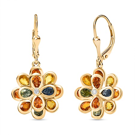 Luxuriant Rainbow Sapphire & Lab Grown Diamond (SI-GH) Floral Earring with Lever Back in 18K Vermeil Yellow Gold Plated Sterling Silver 4.93 Ct. Luxuriant Rainbow Sapphire & Lab Grown Diamond (SI-GH) Floral Earring with Lever Back in 18K Vermeil Yellow Gold Plated Sterling Silver 4.93 Ct.