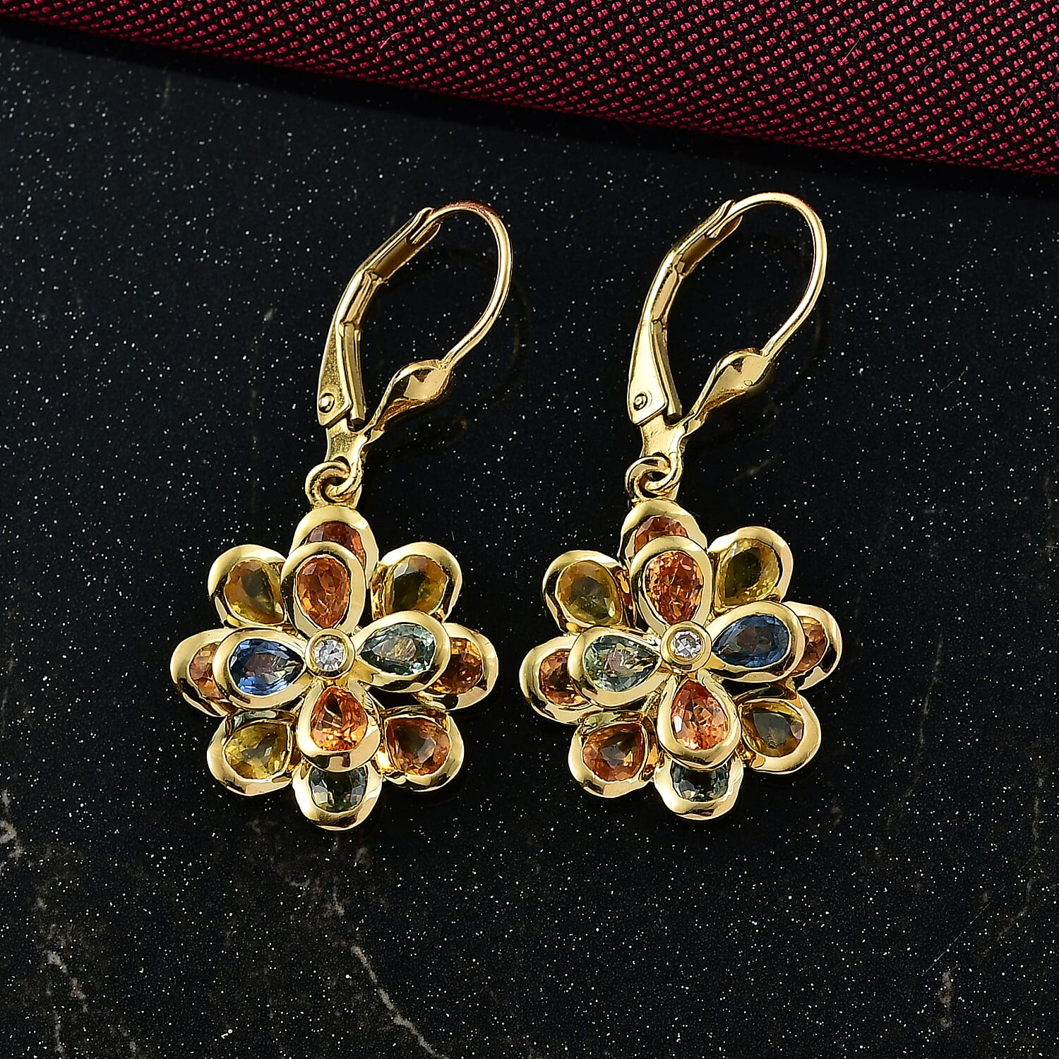 Luxuriant Rainbow Sapphire & Lab Grown Diamond (SI-GH) Floral Earring with Lever Back in 18K Vermeil Yellow Gold Plated Sterling Silver 4.93 Ct.