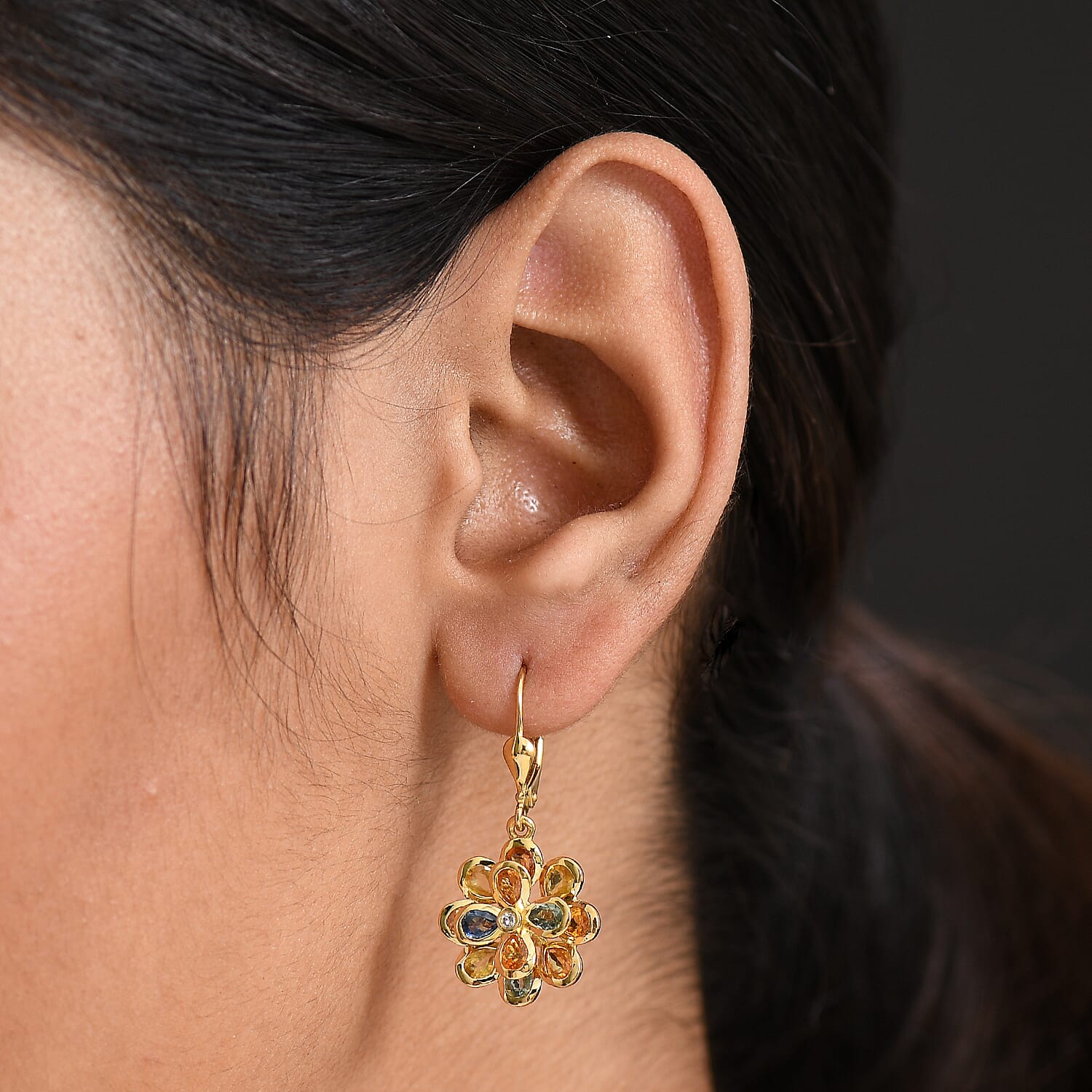 Luxuriant Rainbow Sapphire & Lab Grown Diamond (SI-GH) Floral Earring with Lever Back in 18K Vermeil Yellow Gold Plated Sterling Silver 4.93 Ct.