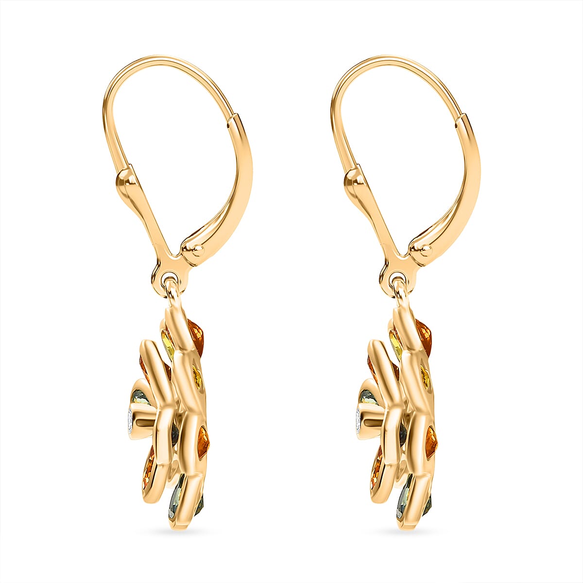 Luxuriant Rainbow Sapphire & Lab Grown Diamond (SI-GH) Floral Earring with Lever Back in 18K Vermeil Yellow Gold Plated Sterling Silver 4.93 Ct.