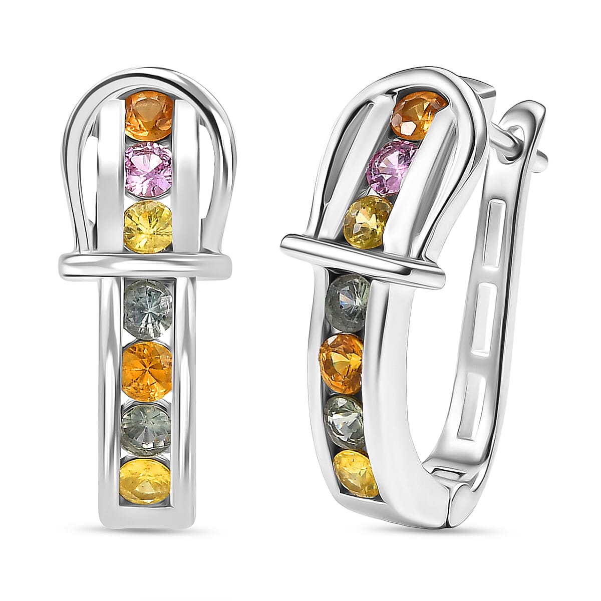 D'joy Multi Sapphire Earring with Hoop in Rhodium Overlay Sterling Silver 1.40 Ct, Silver Wt. 5.39 Gms.