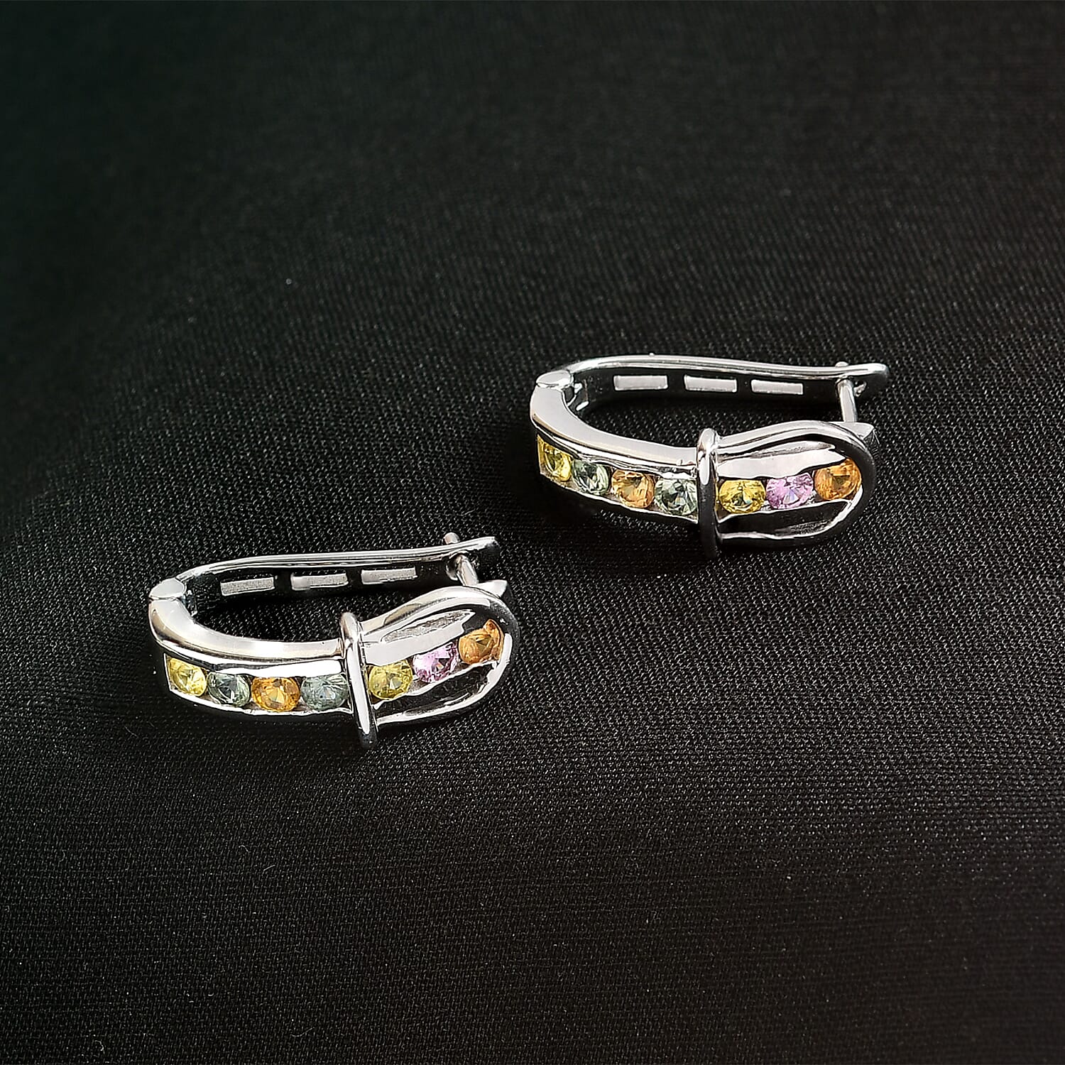 D'joy Multi Sapphire Earring with Hoop in Rhodium Overlay Sterling Silver 1.40 Ct, Silver Wt. 5.39 Gms.