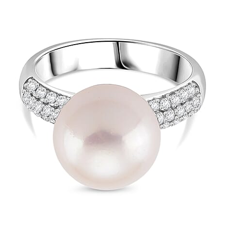 D'Joy White Edison Pearl & White Zircon Ring in Rhodium Overlay Sterling Silver 14 Ct.