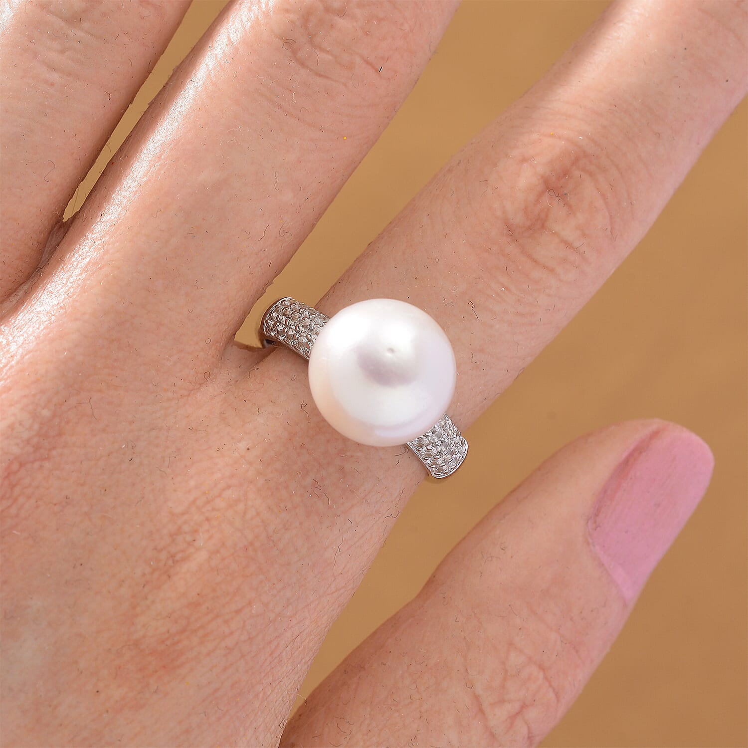 D'Joy White Edison Pearl & White Zircon Ring in Rhodium Overlay Sterling Silver 14 Ct.