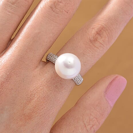 D'Joy White Edison Pearl & White Zircon Ring in Rhodium Overlay Sterling Silver 14.06 Ct.