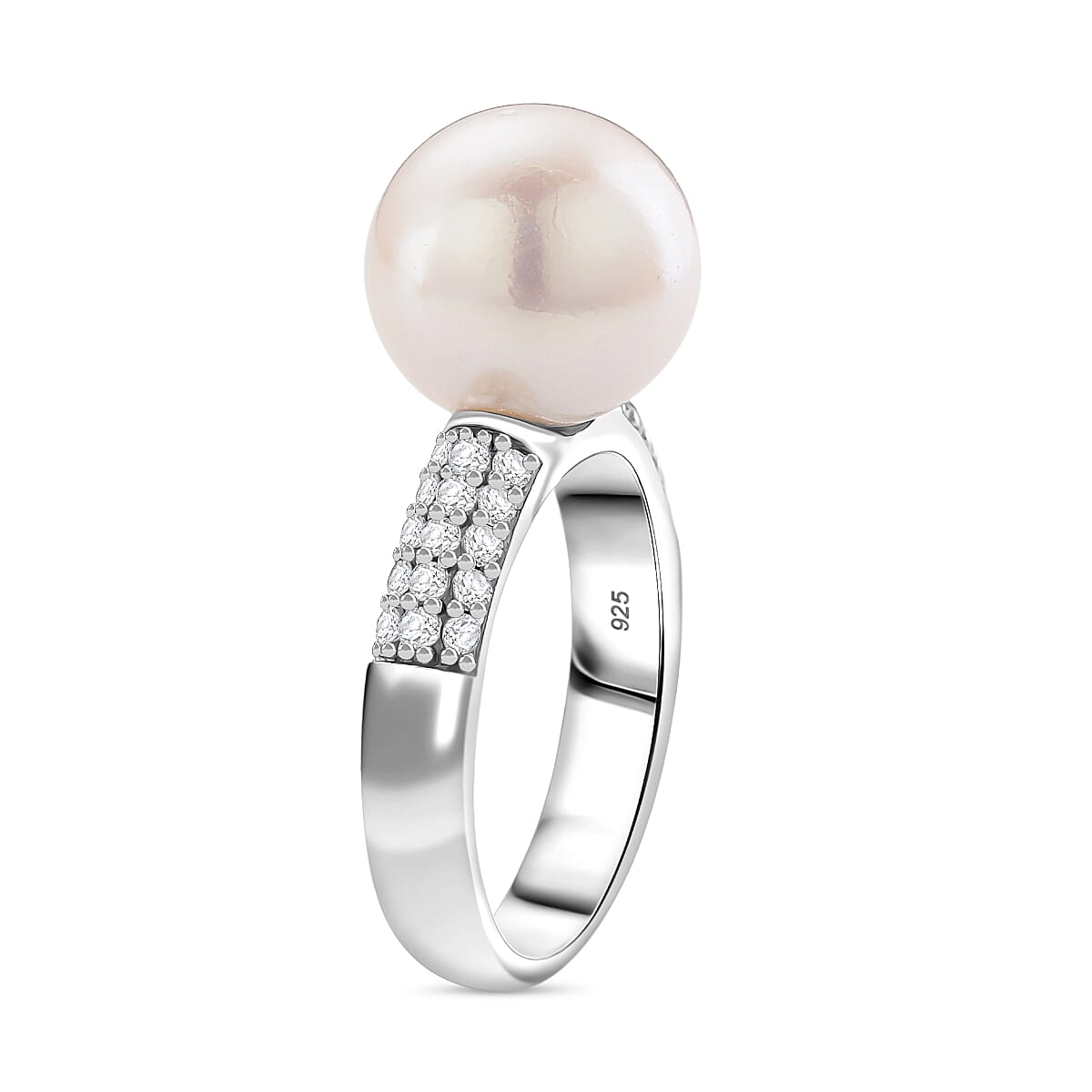 D'Joy White Edison Pearl & White Zircon Ring in Rhodium Overlay Sterling Silver 14 Ct.