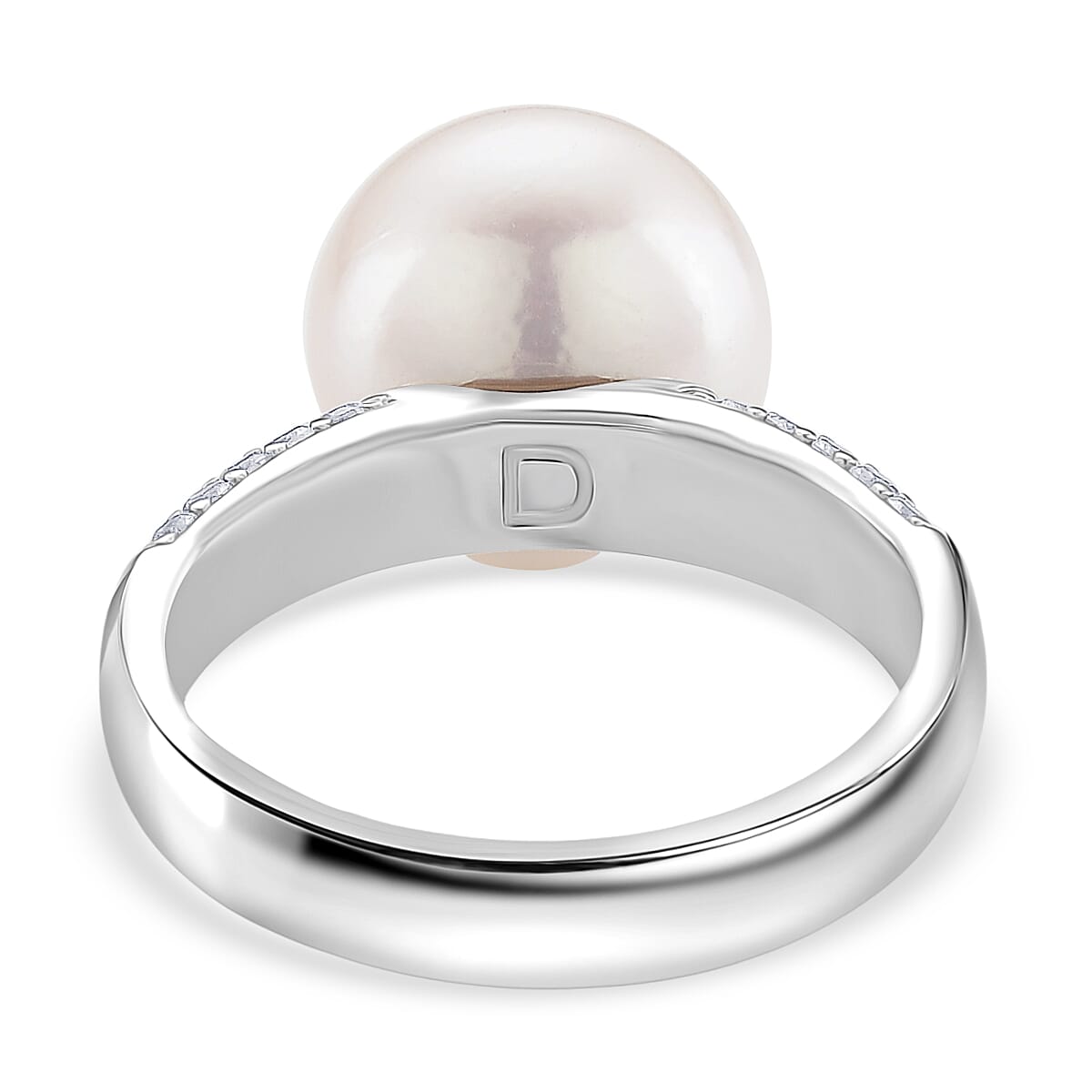 D'Joy White Edison Pearl & White Zircon Ring in Rhodium Overlay Sterling Silver 14 Ct.
