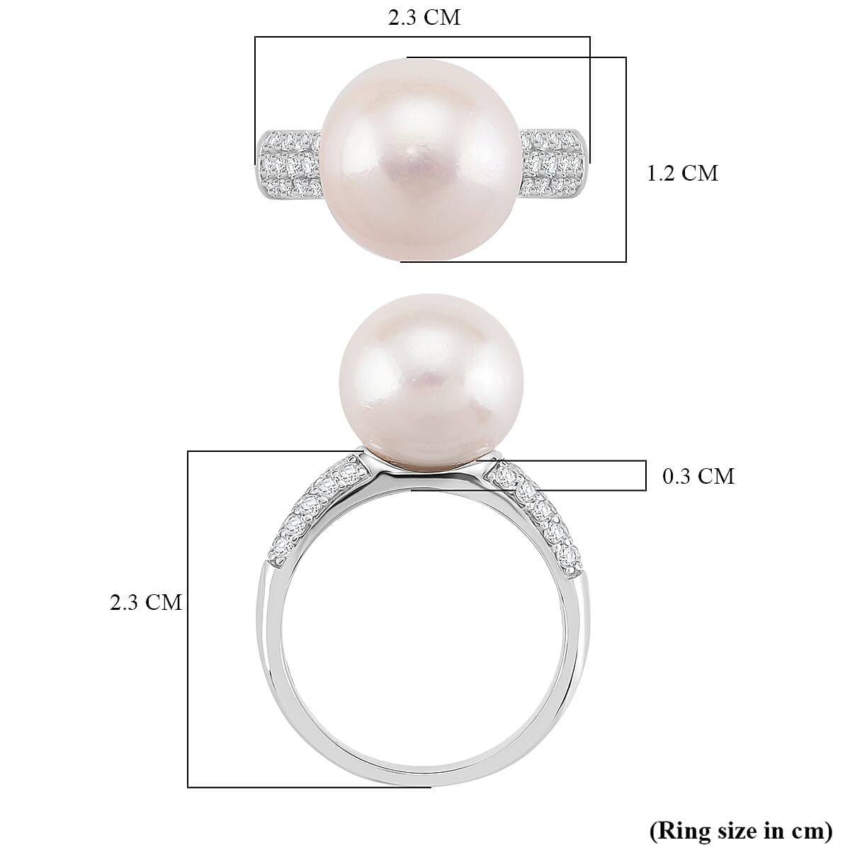 D'Joy White Edison Pearl & White Zircon Ring in Rhodium Overlay Sterling Silver 14 Ct.
