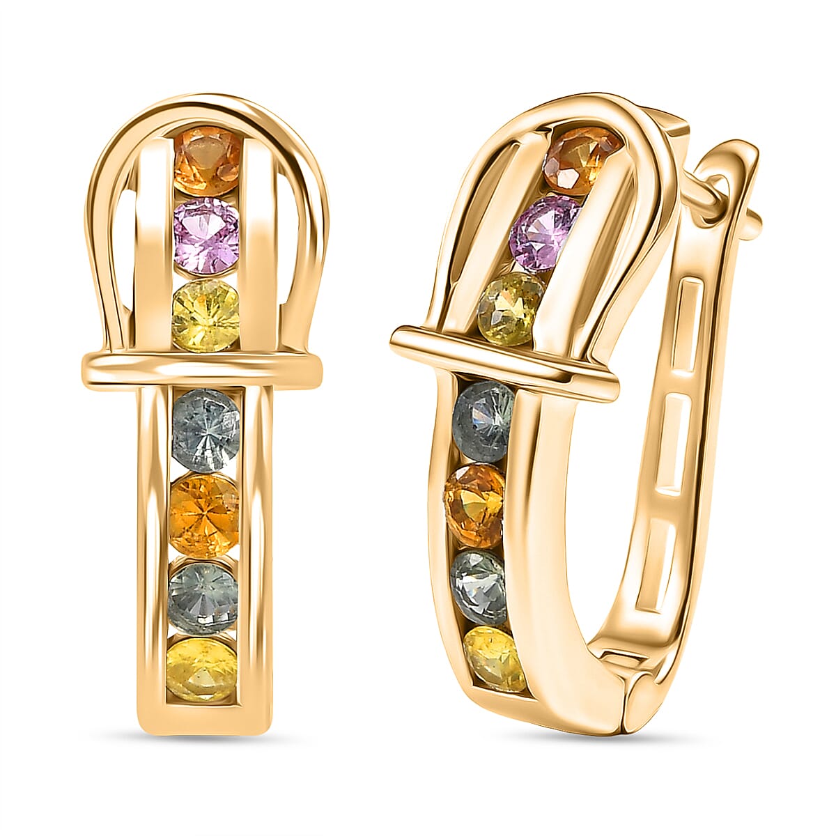 Rainbow Sapphire Earring with Hoop in Yellow Gold Plated Sterling Silver 1.40 Ct, Silver Wt. 5.39 Gms.