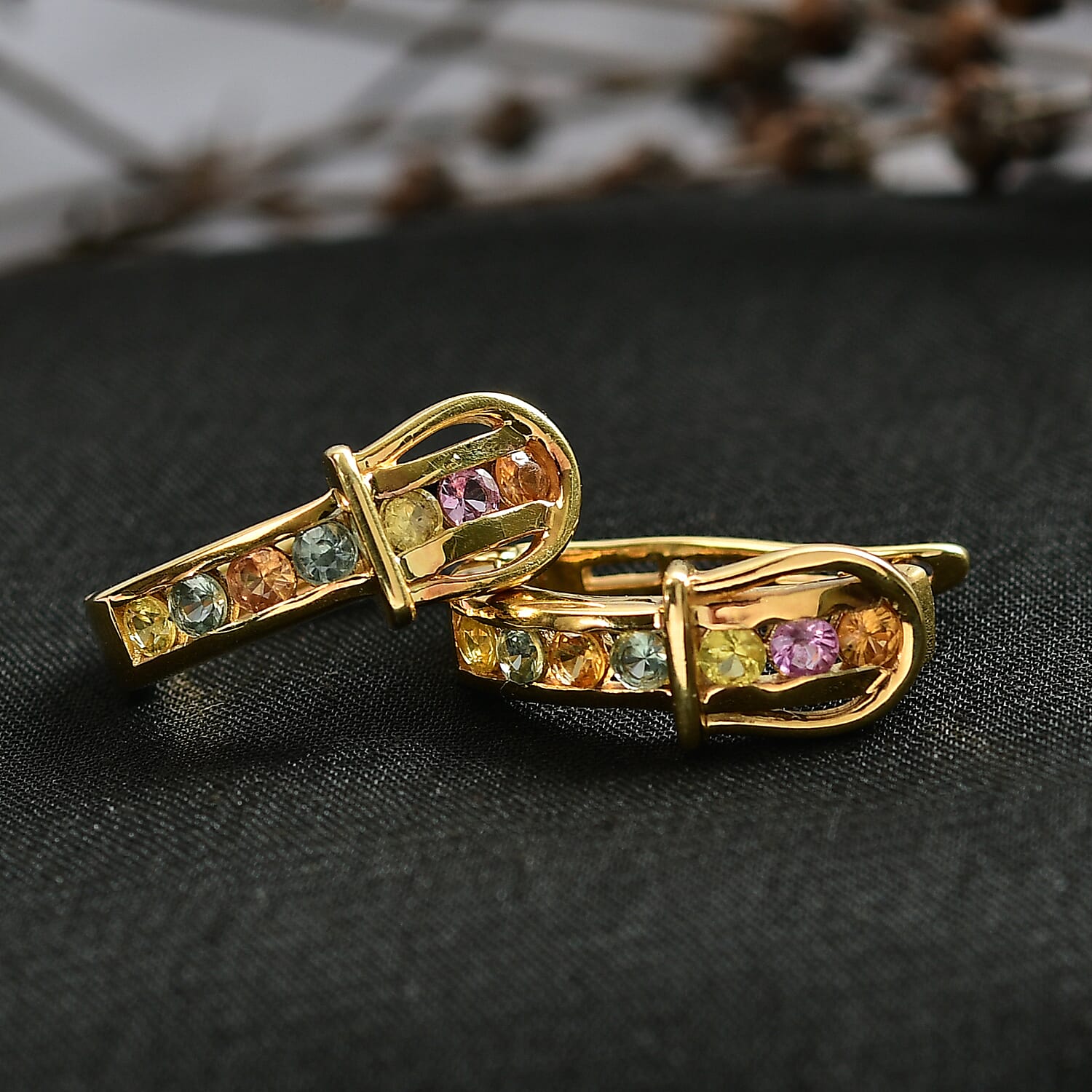 Rainbow Sapphire Earring with Hoop in Yellow Gold Plated Sterling Silver 1.40 Ct, Silver Wt. 5.39 Gms.
