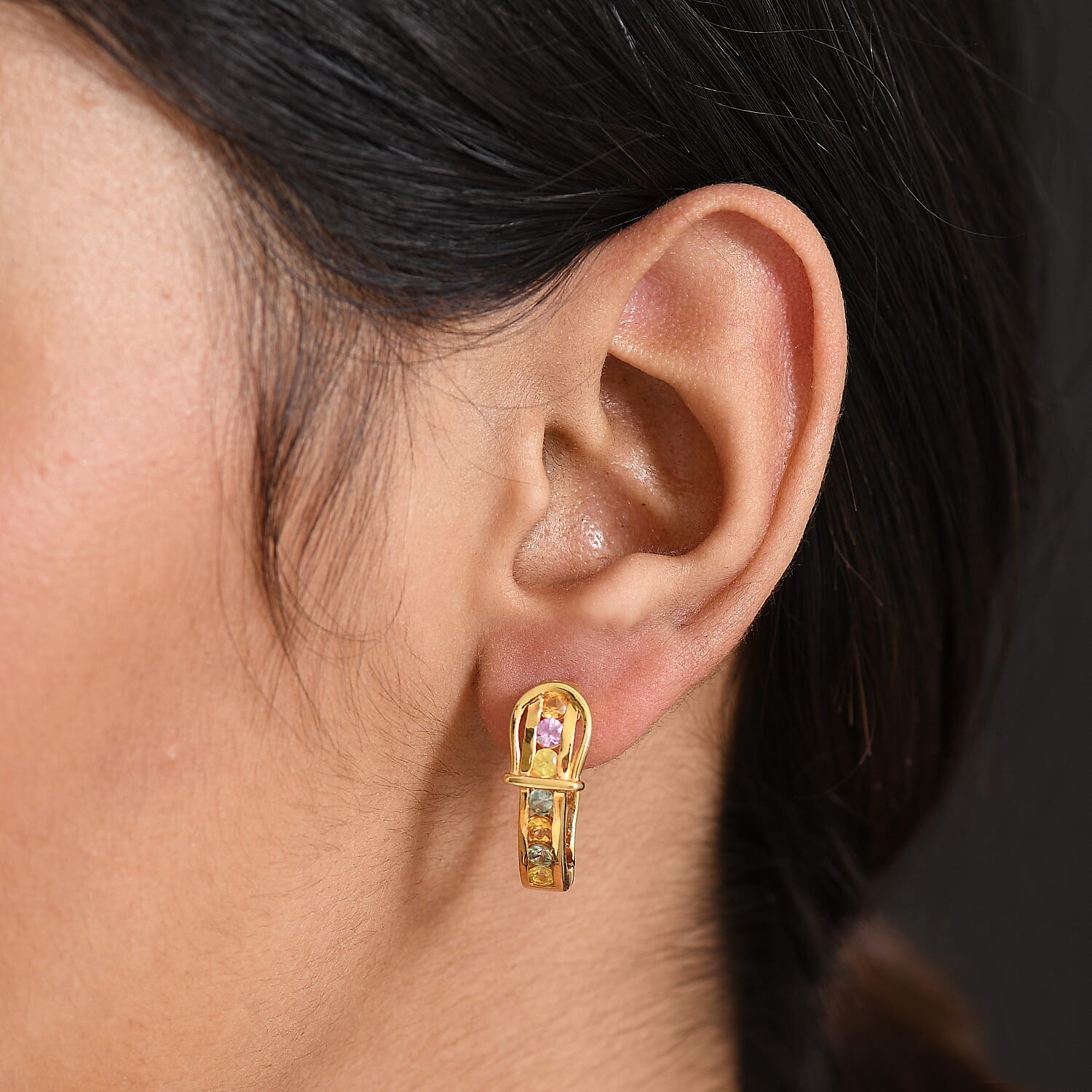 Rainbow Sapphire Earring with Hoop in Yellow Gold Plated Sterling Silver 1.40 Ct, Silver Wt. 5.39 Gms.