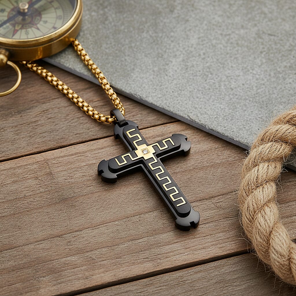 White Cubic Zirconia Cross Necklace (Size - 24 - 2 Ext) in Dual Colour Tone