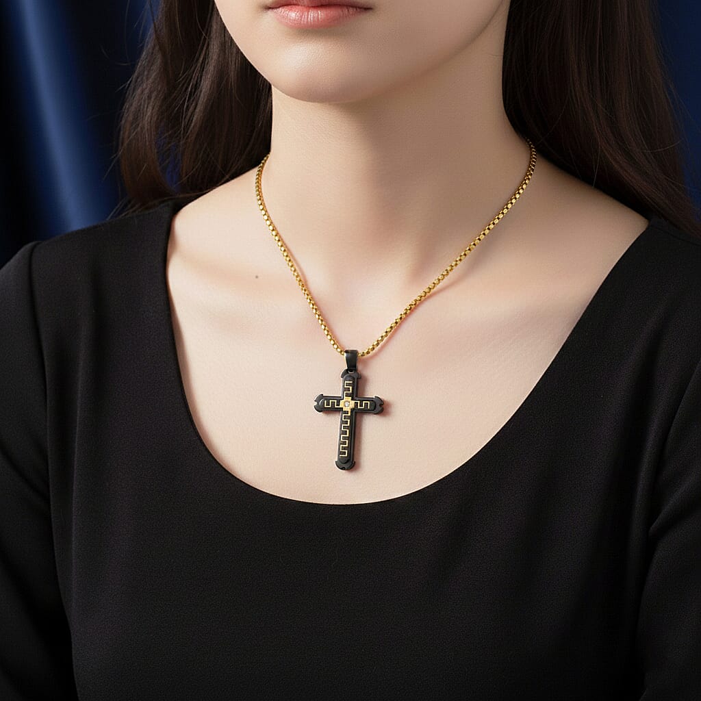 White Cubic Zirconia Cross Necklace (Size - 24 - 2 Ext) in Dual Colour Tone