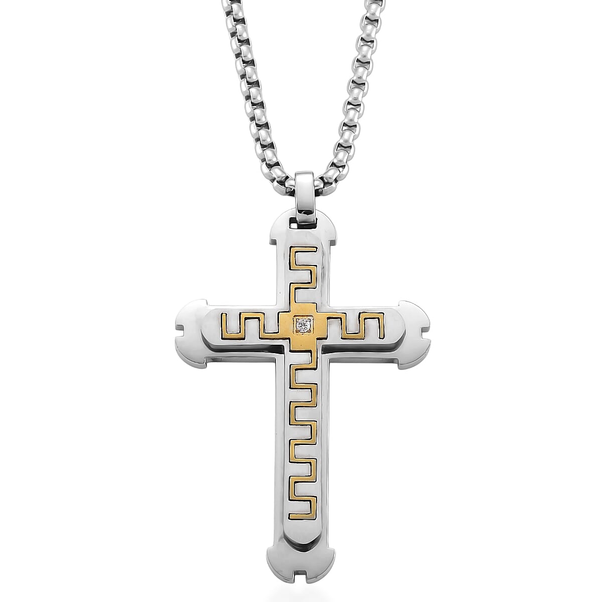 White Cubic Zirconia Cross Necklace (Size - 24 - 2 Ext) in Dual Colour Tone