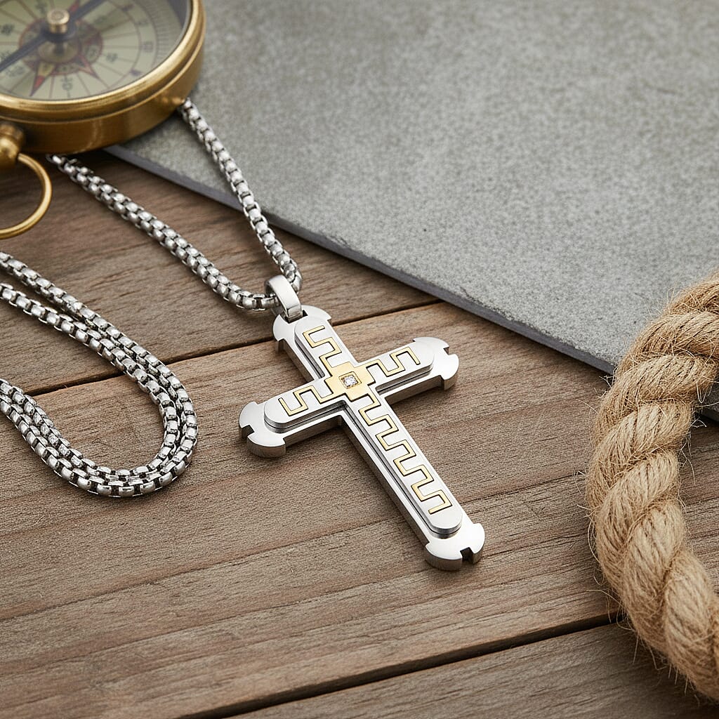 White Cubic Zirconia Cross Necklace (Size - 24 - 2 Ext) in Dual Colour Tone