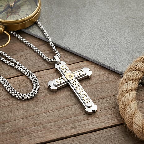 White Cubic Zirconia Cross Necklace (Size - 24 - 2 Ext) in Dual Colour Tone