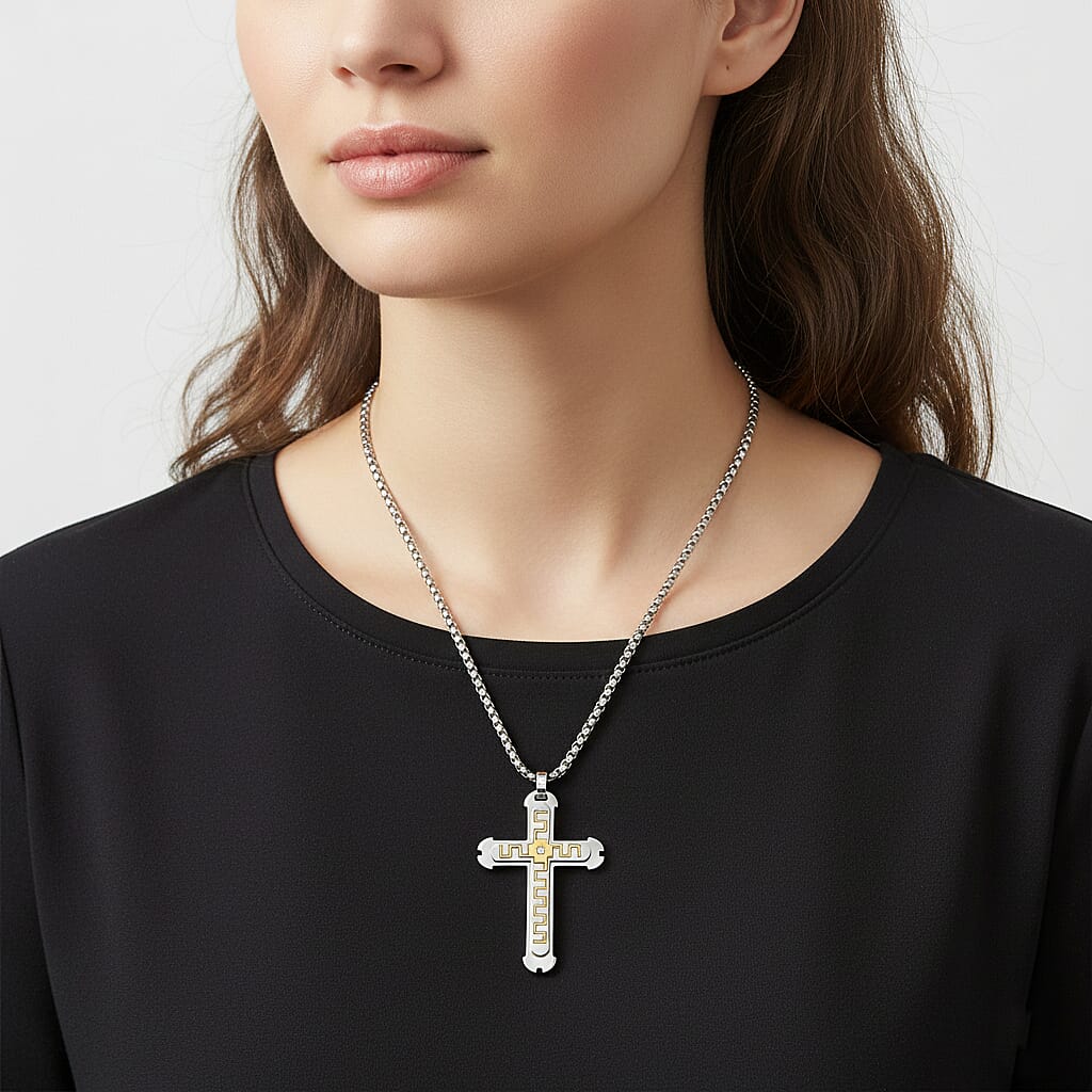 White Cubic Zirconia Cross Necklace (Size - 24 - 2 Ext) in Dual Colour Tone
