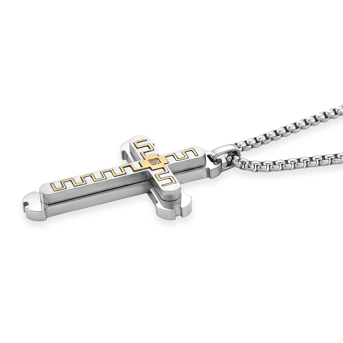 White Cubic Zirconia Cross Necklace (Size - 24 - 2 Ext) in Dual Colour Tone