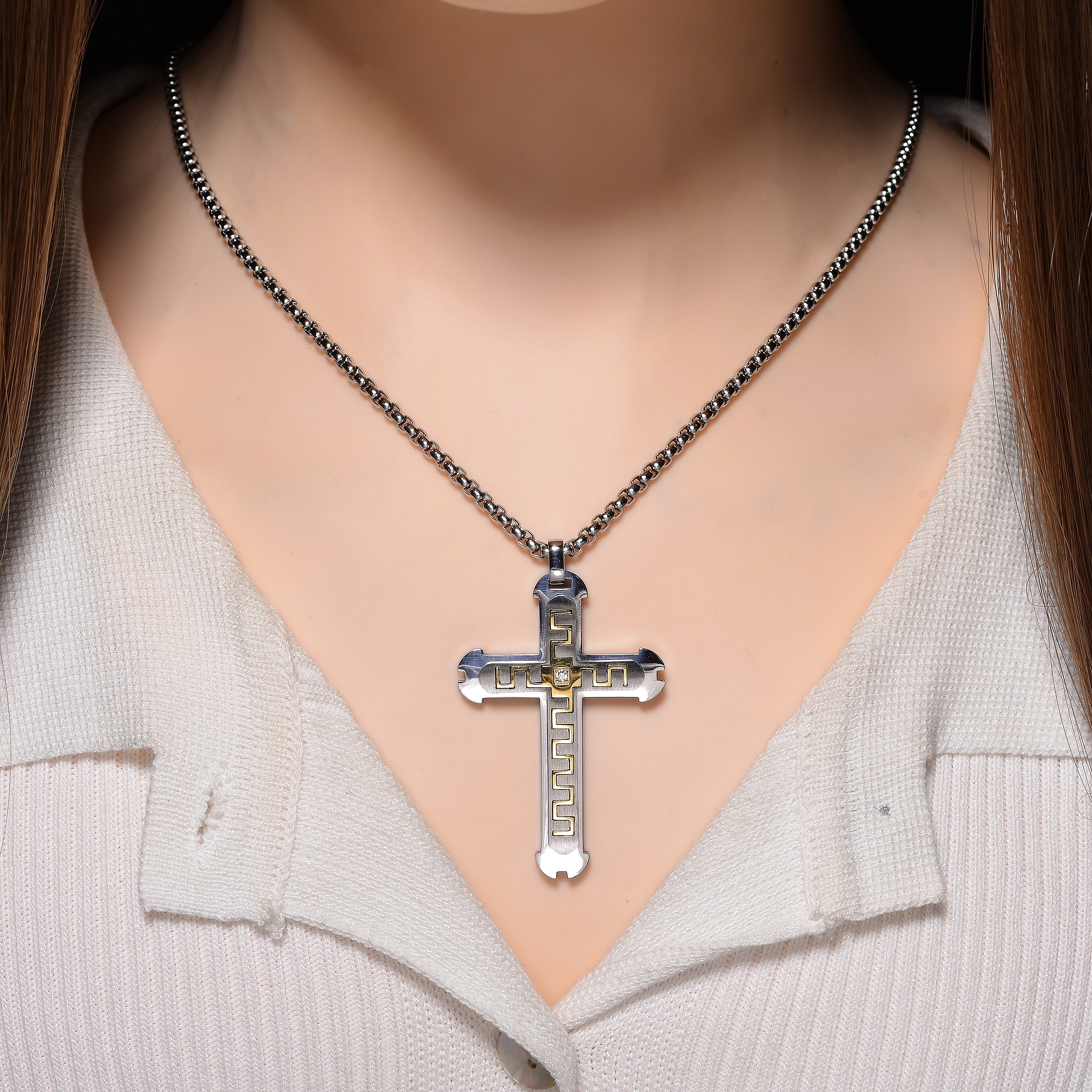 White Cubic Zirconia Cross Necklace (Size - 24 - 2 Ext) in Dual Colour Tone