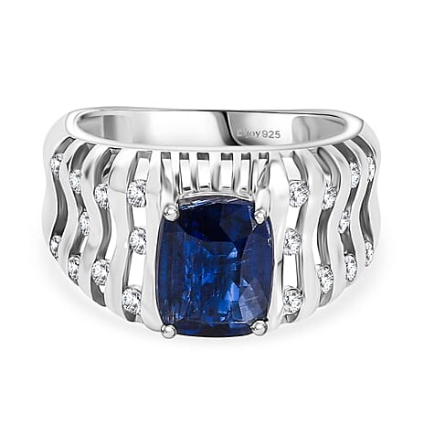 Natural Kashmir Kyanite & White Zircon Ring in Rhodium Overlay Sterling Silver 3.09 Ct.