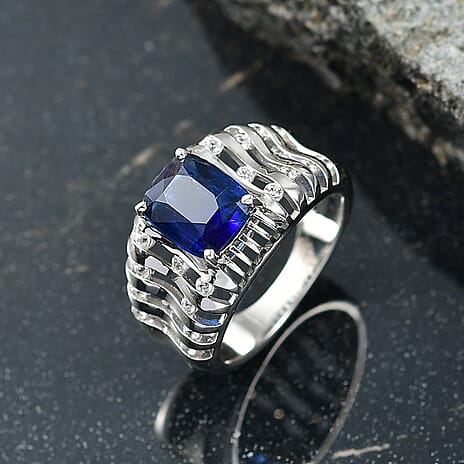 Natural Kashmir Kyanite & White Zircon Ring in Rhodium Overlay Sterling Silver 3.09 Ct.