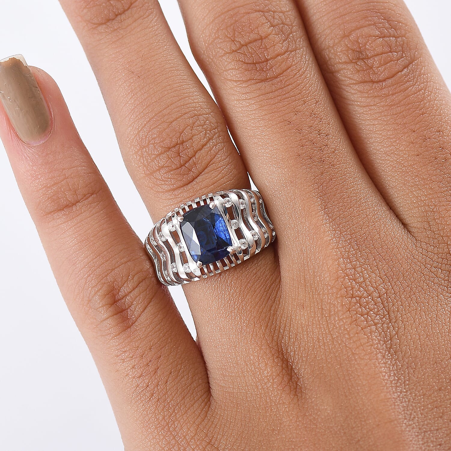 Natural Kashmir Kyanite & White Zircon Ring in Rhodium Overlay Sterling Silver 3.09 Ct.