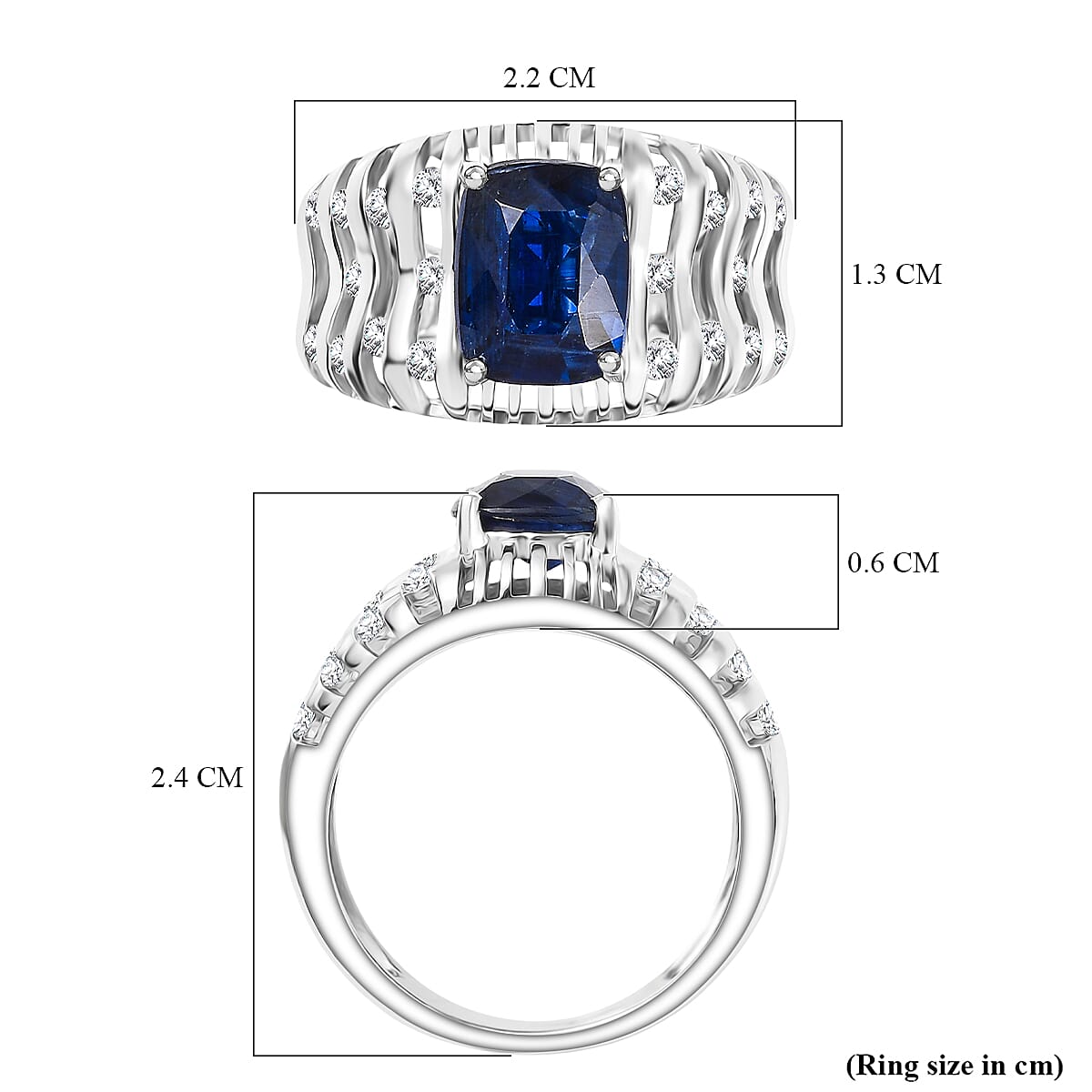 Natural Kashmir Kyanite & White Zircon Ring in Rhodium Overlay Sterling Silver 3.09 Ct.